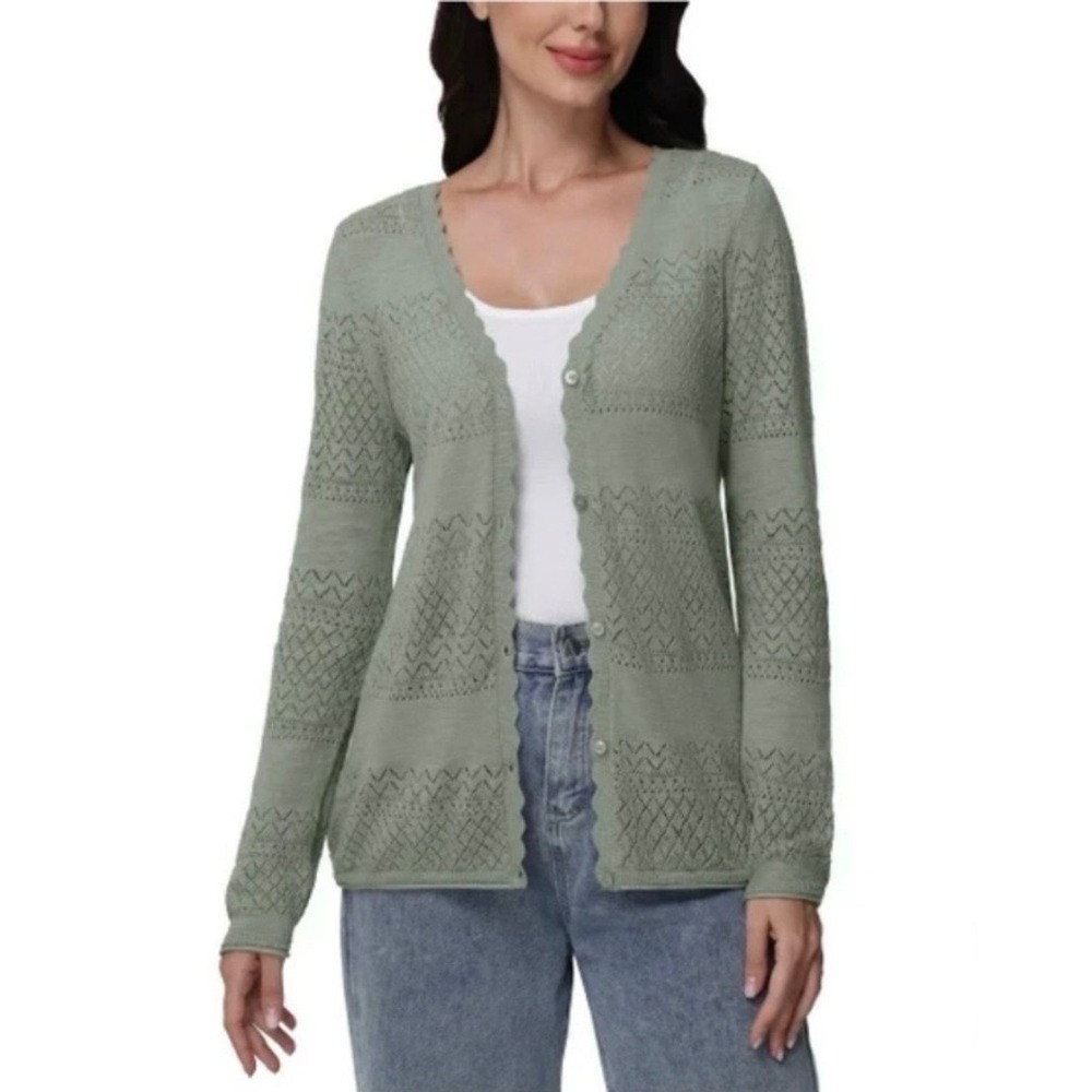 Frye Women XXL Sage Green Pointelle Scalloped V-Neck Cotton Cardigan Sweater NWT